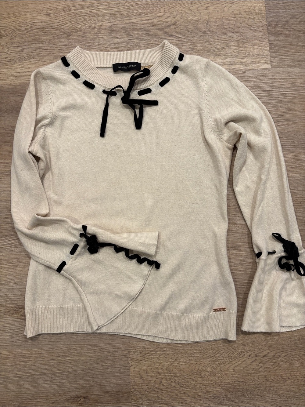 Ivanka Trump Cream Sweater with Black Ribbon Details